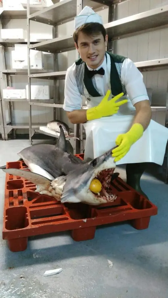 Alfredito preparando género en el mostrador