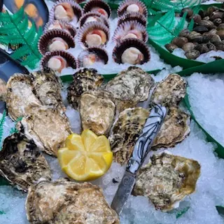 Ostras gallegas con limón sobre hielo